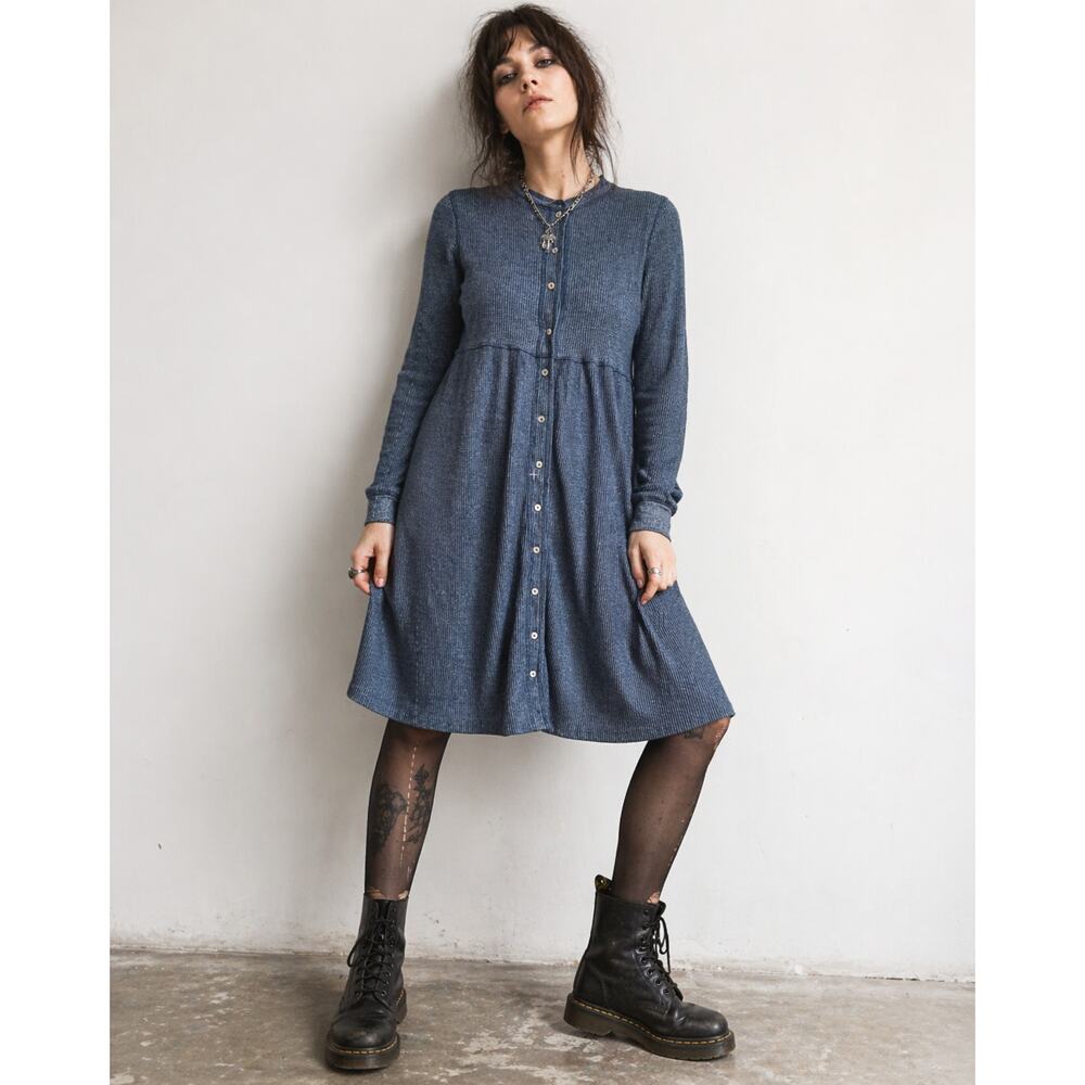 Vintage 90s Cottagecore Blue Thermal Dress Womens Medium Baby Doll  Cozy Winter